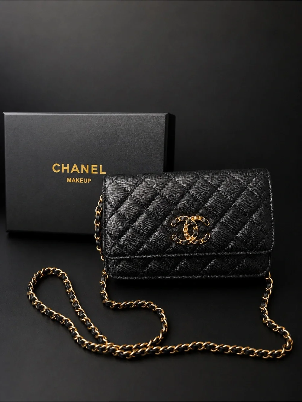 Chanel beaute makeup bag cosmetic chain quilted leather wallet on chain - Picture 1 of 11